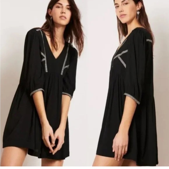 Ba&sh Alma Embroidered Long Sleeve Mini Dress Black White Size M - Picture 2 of 7